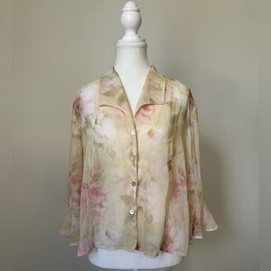 R&M RICHARDS Y2K Sheer Floral Feminine Whimsy Cottage Blouse Size M